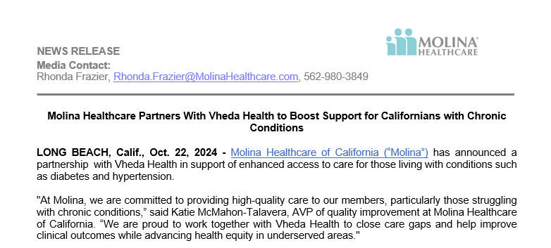 Molina Healthcare Partners with Vheda Health to Boost Support for Californians with Chronic Conditions